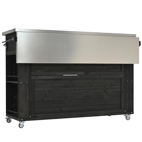 LUMISOL Outdoor Grill Cart with Stainless Steel Top, Farmhouse Kitchen Island with Storage, Fir Wood Rolling Bar Table with Spice & Towel Rack, and a Bottle Opener, Black