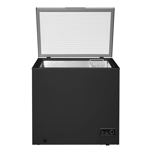 Chest Deep Freezer, 7 Cu. Ft, Black Adjustable Thermostat-Removable Vinyl Coated Wire Basket-Easy Defrost Drain, Eye-Catching Stainless Steel Top Door- Garage Ready