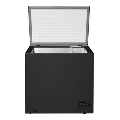Chest Deep Freezer, 7 Cu. Ft, Black Adjustable Thermostat-Removable Vinyl Coated Wire Basket-Easy Defrost Drain, Eye-Catching Stainless Steel Top Door- Garage Ready