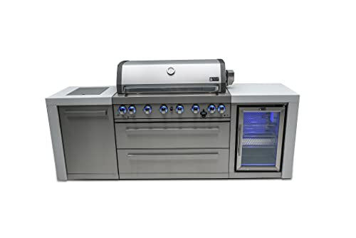Mont Alpi Deluxe Series Stainless Steel 94"W x 23"D Modular Outdoor Kitchen Island + Side Burner + Refrigerator + 44"W 6-Burner BBQ Gas Grill + White Granite Countertops + Storage Cabinets & Drawers