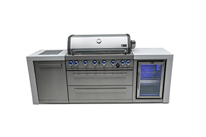 Mont Alpi Deluxe Series Stainless Steel 94"W x 23"D Modular Outdoor Kitchen Island + Side Burner + Refrigerator + 44"W 6-Burner BBQ Gas Grill + White Granite Countertops + Storage Cabinets & Drawers