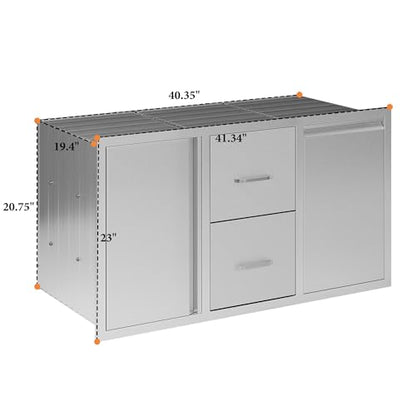 Jocisland 41.5" W20 D23 H Stainless Steel Outdoor Kitchen Drawers, Double Drawers with Trash Drawer & Door, 3-Tier Cabinet, Built-in BBQ Island Storage for Outdoor Kitchens