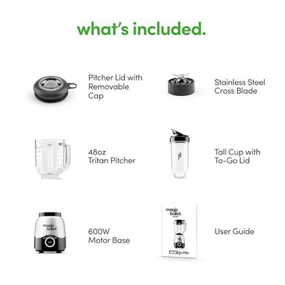 magic bullet Combo Blender, 600W, 48oz Pitcher, 16oz Cup with To-Go Lid, Easy Cleaning, Cross Blade, for Smoothies, Sauces, Shakes, Salsa, Hot Blends, Silver, MBF50200
