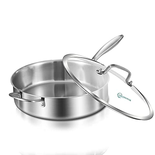 LOLYKITCH 10 Inch Tri-Ply Stainless Steel Sauté Pan with Lid,3 QT Deep Frying Pan,Small Skillet,Jumbo Cooker,Induction Cooking Pan,Dishwasher and Oven Safe,Detachable Handle
