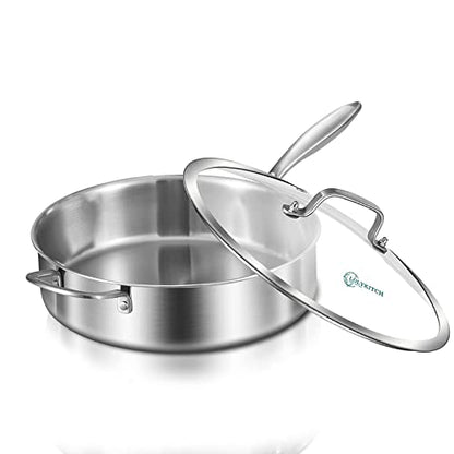 LOLYKITCH 10 Inch Tri-Ply Stainless Steel Sauté Pan with Lid,3 QT Deep Frying Pan,Small Skillet,Jumbo Cooker,Induction Cooking Pan,Dishwasher and Oven Safe,Detachable Handle