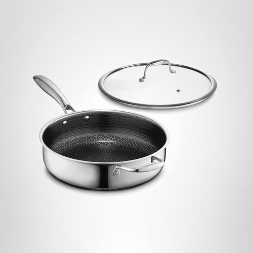 HexClad Hybrid Nonstick 3.3-Quart Deep Sauté Pan with Tempered Glass Lid, Stay-Cool Handle, Dishwasher-Friendly, Oven-Safe Up to 900°F, Induction Ready, Compatible with All Cooktops