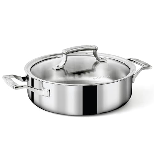 PROCASA 3 Quart Braiser Pan with Lid - Fully Clad Tri Ply Stainless Steel Saute Pan - Heat Resistant Handles - Coating-Free, PFAS-Free Non Toxic Cookware - Induction, Oven & Dishwasher Safe
