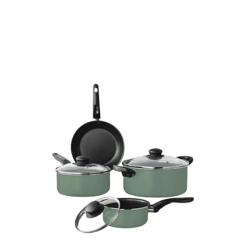 CLMSTE Black 7 Piece Non Stick Aluminium, Pots and Pans Cookware Set (Green Sage)