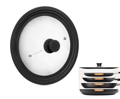 LSR Loreso Universal Pan Lid for Pots Pans and Skillets 12-15 Inch - Tempered Glass Pot Lid with Auto-Sizing Silicone Rim - Black