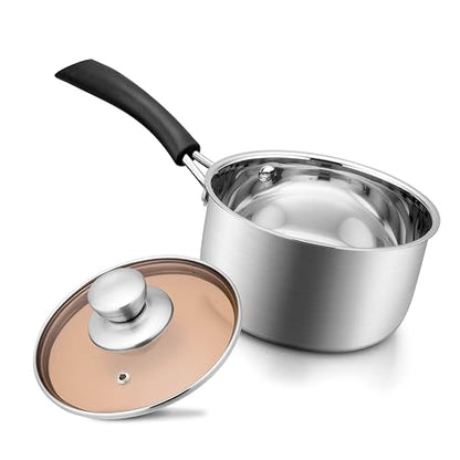 2 Quarts 18/10 Stainless Steel Saucepan, Joyfair Small Sauce Pan Milk Pot with Glass Lid for Cooking Stewing Boiling Spaghetti Soup, Extra Pan Wall & Heat-proof Bakelite Handle, Dishwasher Safe