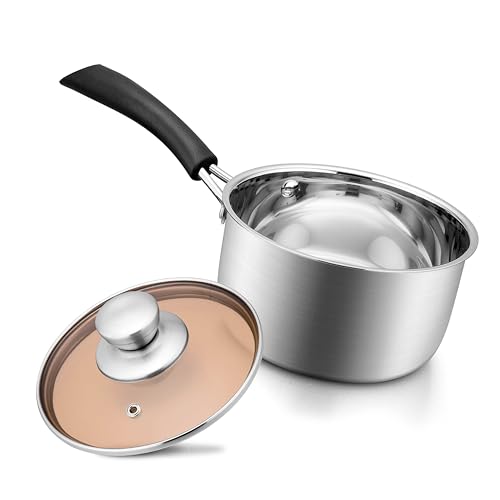 2 Quarts 18/10 Stainless Steel Saucepan, Joyfair Small Sauce Pan Milk Pot with Glass Lid for Cooking Stewing Boiling Spaghetti Soup, Extra Pan Wall & Heat-proof Bakelite Handle, Dishwasher Safe