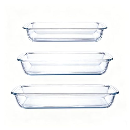 High Borosilicate Glass Baking Tray 3-Piece Set, 2.3 Quarts+1.6 Quarts+1.0 Quarts Rectangular Glass Baking Dish Container for Microwave and Oven, Suitable for Cooking, Baking Bread, Cakes and Meals