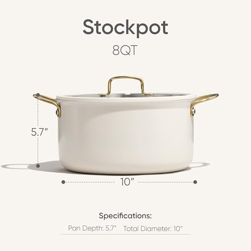 CAROTE 8QT Full Clad Tri Ply Stainless Steel Stock Pot with Lid, Kitchen Soup Pot, All Stoves Compatible, Oven & Dishwasher Safe, Stay Cool Handle, White, Mothers Day Gifts