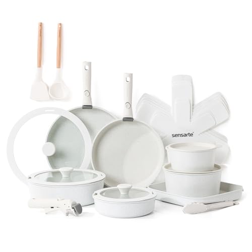 SENSARTE 24 Piece Pots and Pans Set, Nonstick Detachable Handle Cookware, Induction Kitchen Cookware Set with Removable Handle, Healthy Non Stick for RV, Dishwasher ＆ Oven Safe (White)