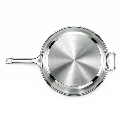 16" Stainless Steel Frying Pan, Tri-Ply Steel With Aluminum-Clad Bottom, Helper Handle, Induction Gas And Electric Compatible, Skillet Saute Pan For Omelette Pancake Egg