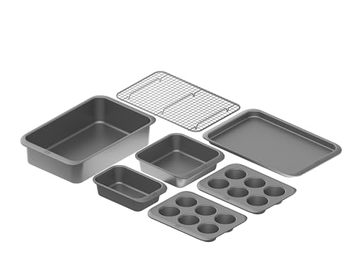 Chicago Metallic 7-Piece Nesting Bakeware Set - Carbon Steel Nonstick Baking Sheet, Loaf Pan, Muffin Pan, Cake Pan, Roaster and Cooling Rack - Space-Saving Kitchen Essentials