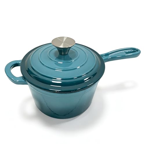 Maldira Enameled Saucepan with Lid, Non Stick Cast Iron Sauce Pan, Dutch Oven Pot (Peacock Blue, 2 Quarts)