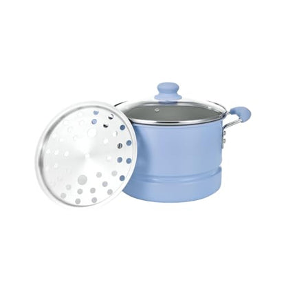 Alpine Cuisine 20- Quart Stock Pot with Lid, Aluminum Cooking Pot with Gray Ceramic Nonstick Coating, Steamer Insert for Soup, Pasta, Stews, and Dumplings, Chambray Blue