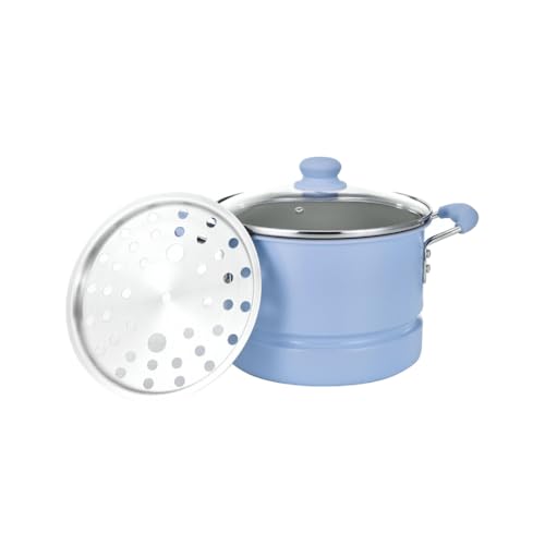 Alpine Cuisine 20- Quart Stock Pot with Lid, Aluminum Cooking Pot with Gray Ceramic Nonstick Coating, Steamer Insert for Soup, Pasta, Stews, and Dumplings, Chambray Blue
