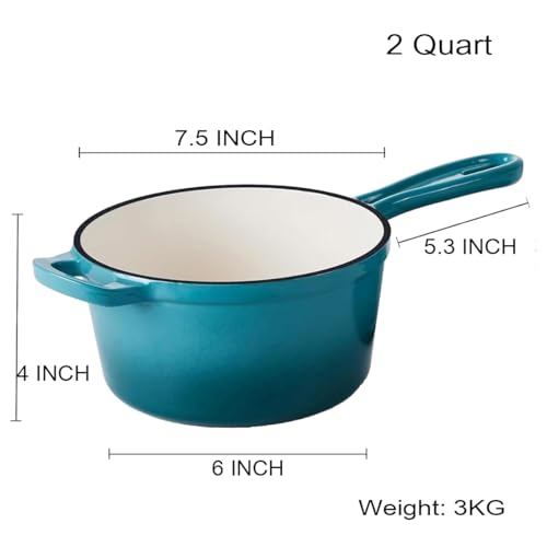 Maldira Enameled Saucepan with Lid, Non Stick Cast Iron Sauce Pan, Dutch Oven Pot (Peacock Blue, 2 Quarts)