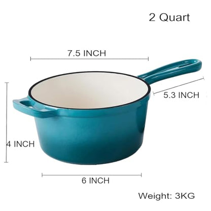 Maldira Enameled Saucepan with Lid, Non Stick Cast Iron Sauce Pan, Dutch Oven Pot (Peacock Blue, 2 Quarts)