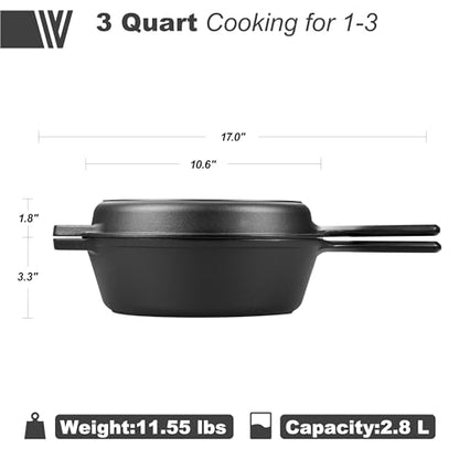 VORRINGARD Pre-seasoned Cast Iron Double Dutch Oven Pot with Skillet Lid, for Bread Baking, Outdoor, Campfire Cooking, 3 Quart