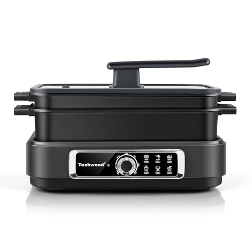 Electric Skillet, Techwood 7.5-Quart 2-in-1 Versatile Multi-Cooker with 5-Level Heat Settings, Come with Removable Non-stick Skillet Pan& Cooking Pot, Dishwasher Safe, 1500W, Black (Black)