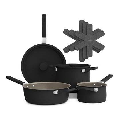bella 9 Piece Ceramic Nonstick Cookware Set, Fits-anywhere™ Kitchenware w EverGood™ Coating, Dishwasher & Oven Safe, All Stovetops Compatible, Stackable Design, Cool Touch Handles, Black
