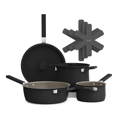 bella 9 Piece Ceramic Nonstick Cookware Set, Fits-anywhere™ Kitchenware w EverGood™ Coating, Dishwasher & Oven Safe, All Stovetops Compatible, Stackable Design, Cool Touch Handles, Black
