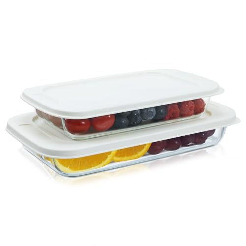Navaris 4-Piece Glass Baking Dish Set with Lids, 1.7qt/2.3qt(1.6L/2.2L) Casserole Dishes, Rectangular Glass Bakeware Set, Baking Pans for Lasagna, Leftovers, Dishwasher, Oven