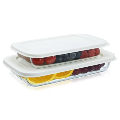 Navaris 4-Piece Glass Baking Dish Set with Lids, 1.7qt/2.3qt(1.6L/2.2L) Casserole Dishes, Rectangular Glass Bakeware Set, Baking Pans for Lasagna, Leftovers, Dishwasher, Oven