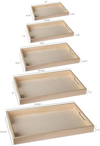 Wood Serving Tray with Handles - Five Piece Nested Breakfast Wood Tray - Wooden Crafts Couch Tray for Organizing - Food Trays for Party Buffet Montessori Bathroom - Wood Trays for Serving & Catering