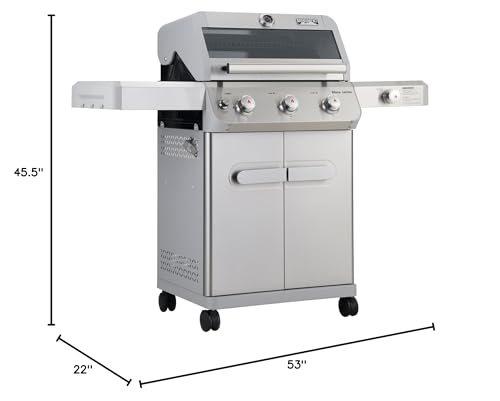 Monument Grills Outdoor Barbecue Stainless Steel 3 Burner Propane Gas Grill, 48,000 BTU Patio Garden Grill with Side Burner and Knob Controls, Mesa305 with BBQ Cover