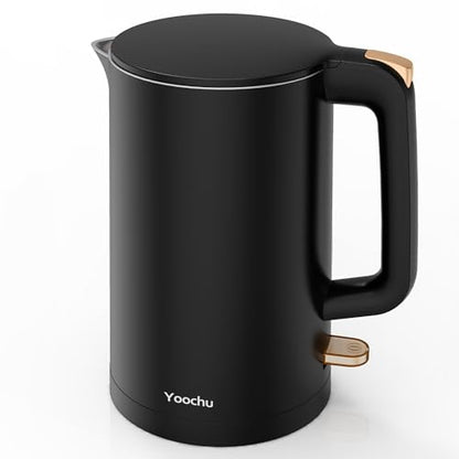 Yoochu Electric Kettle, Double Wall 1.7L Stainless Steel Cool Touch, Water Boiler & Heater, 1500W Hot Tea Pot, Boil Dry Protection & Cordless Base, BPA-Free, Black