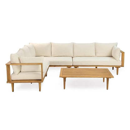 Christopher Knight Home Flynn Acacia Wood Patio Furniture Set, 6-Seater L-Shaped Sectional Sofa Set and Small Coffee Table, Outdoor Conversation Set for Backyard Poolside Balcony, Natural+Beige