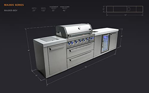 Mont Alpi Premium 132"W Stainless Steel Outdoor Kitchen Island with 44"W 6-Burner BBQ Gas Grill + Beverage Center Faucet & Sink + Refrigerator + Side Burner Pizza Oven + Charcoal Tray + Griddle Plate