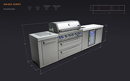 Mont Alpi Premium 132"W Stainless Steel Outdoor Kitchen Island with 44"W 6-Burner BBQ Gas Grill + Beverage Center Faucet & Sink + Refrigerator + Side Burner Pizza Oven + Charcoal Tray + Griddle Plate