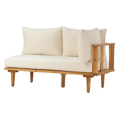 Christopher Knight Home Flynn Acacia Wood Patio Furniture Set, 6-Seater L-Shaped Sectional Sofa Set and Small Coffee Table, Outdoor Conversation Set for Backyard Poolside Balcony, Natural+Beige