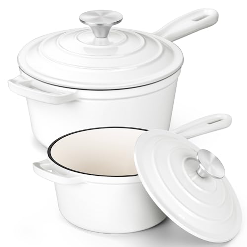 E-far Sauce Pan Set with Lid, 1Qt & 2Qt Enameled Cast Iron Pot Sets for Kitchen Cooking, Small Heavy Duty Dutch Oven Saucepans & Self-basting Lids, Induction-Ready & Easy Clean, White