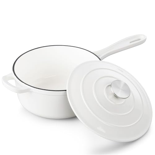 TeamFar 3QT Enameled Cast Iron Sauce Pan, Small Sauce Pot with Lid, Mini Dutch Oven Saucepan for Cooking/Simmering/Baking/Boiling, Sturdy & Nonstick, Oven Safe & Fit for Induction-White