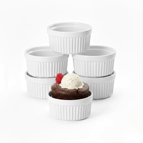Ceramic Ramekins 6 Oz White Set of 6 | Oven, Microwave & Dishwasher Safe Porcelain Souffle and Creme Brulee Cups for Custard, Pudding, Dips & Individual Desserts, Thick Wall Heat Resistant Construction
