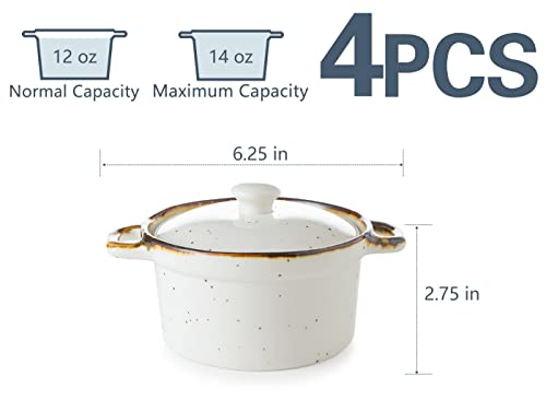 ONEMORE Ramekins with Lids, 12 oz Ceramic Small Casserole Dish with Handles & Brown Rim for Baking Soup, Speckled Oven Safe Mini Dutch Oven Rustic Cocotte Set of 4 for Individual Serving, Creamy White