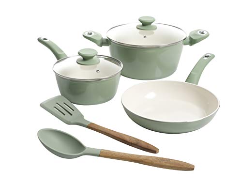 Gibson Home Plaza Café Forged Aluminum Healthy PFA-Free Ceramic Pots and Pans Cookware Set, 7-Piece Set, Mint Green