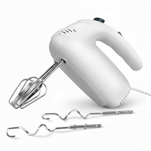 Katroiy 300W Hand Mixer Electric Handheld, 5 Speed Lightweight Kitchen Blender, Turbo Boost/Self-Control Speed Hand Held Beater Mixer with 4 Stainless Steel Whisks for Baking Cakes Eggs Cream, White