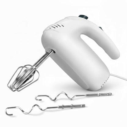 Katroiy 300W Hand Mixer Electric Handheld, 5 Speed Lightweight Kitchen Blender, Turbo Boost/Self-Control Speed Hand Held Beater Mixer with 4 Stainless Steel Whisks for Baking Cakes Eggs Cream, White