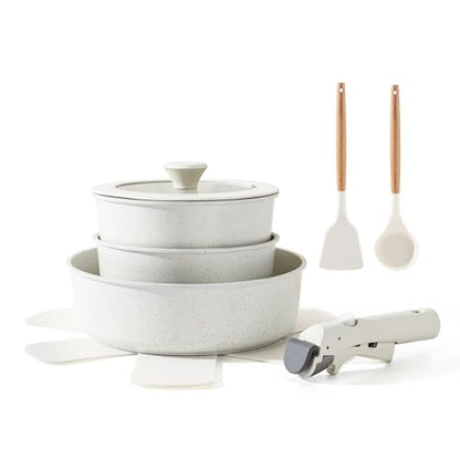 SENSARTE 9 Piece Pots and Pans Set, Nonstick Detachable Handle Cookware, Induction Kitchen Cookware Set with Removable Handle, Healthy Non Stick for RV, Dishwasher ＆ Oven Safe (White)