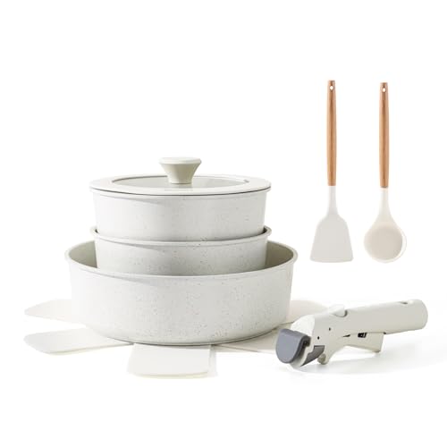 SENSARTE 9 Piece Pots and Pans Set, Nonstick Detachable Handle Cookware, Induction Kitchen Cookware Set with Removable Handle, Healthy Non Stick for RV, Dishwasher ＆ Oven Safe (White)