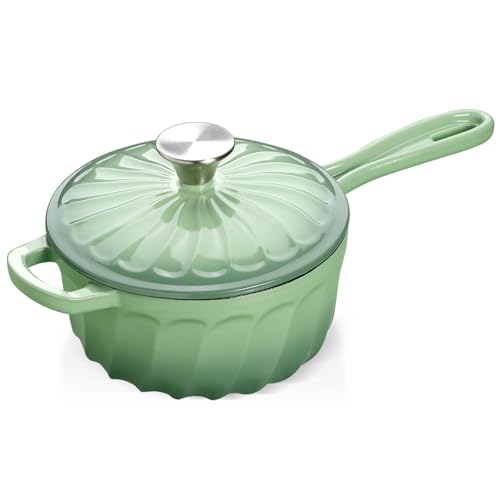 NSIRONS 1 Quart Saucepan with Lid, Enameled Cast Iron Sauce Pan, Heavy Duty Small Pots for Cooking Pasta Sauce, Soup, Milk, Oven Safe up to 500°F (Fig Green)