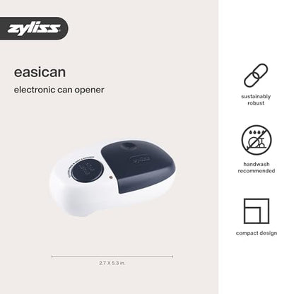 Zyliss EasiCan Electric Can Opener – One-Touch Automatic Tin Opener with Magnet for Safe Lid Removal – Compact, Hands-Free Design for All Can Sizes – Battery Operated, Easy to Use and Store