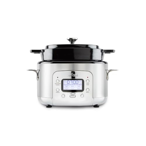All-Clad 5 Quart 7-in-1 Electric Slow Cooker with Stainless Steel and Cast Iron, 1200W - Black Enamel Crock